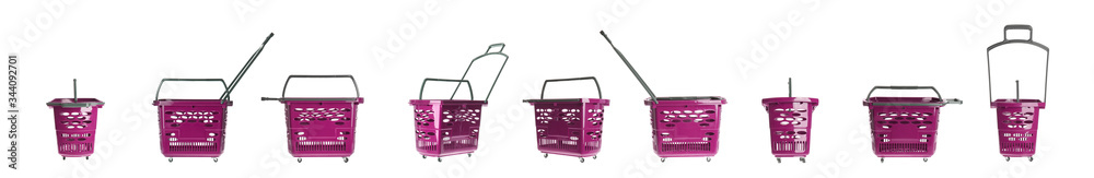 Fototapeta premium Set of shopping baskets on white background. Banner design
