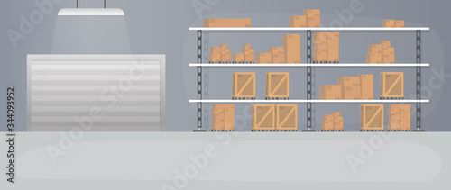 Large warehouse with drawers. Rack with drawers and boxes. Carton boxes. Vector.