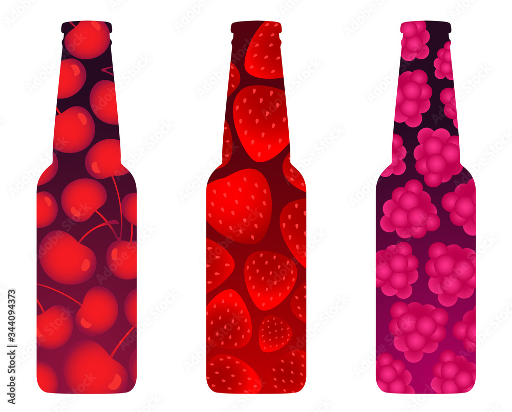 custom made wallpaper toronto digitalFruit beer bottles: cherry, strawberry and raspberry flavours. Berry patterns. Vector illustration isolated on white. Set of 3.