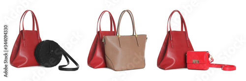 Set of different woman's bags on white background. Banner design