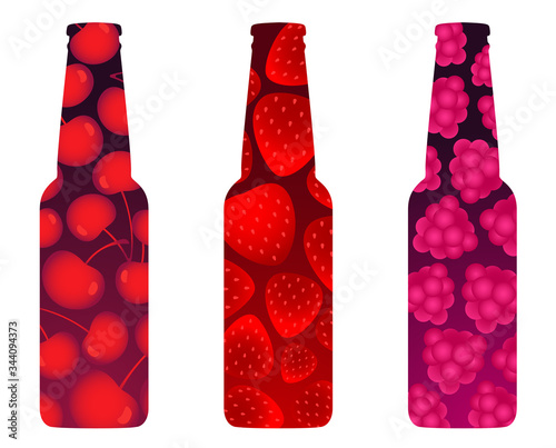 Wallpaper Mural Fruit beer bottles: cherry, strawberry and raspberry flavours. Berry patterns. Vector illustration isolated on white. Set of 3. Torontodigital.ca