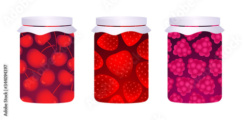 Wallpaper Mural Jars of jam: cherry, strawberry and raspberry flavours. Berry patterns. Vector illustration isolated on white. Set of 3. Torontodigital.ca