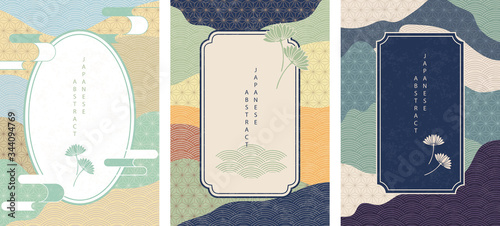 Oriental Japanese style abstract pattern background design geometry wave move retro frame and plant flower icon