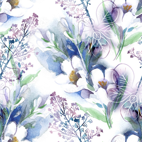 Spring Flower Seamless Pattern. Hand Painted Watercolor Background.