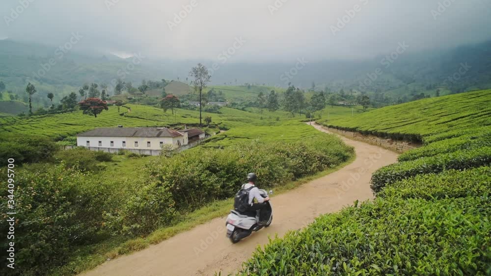 Landscape view of two scooter on a road surrounded by tea plantations, in Munnar, India Landscape view of two scooter on a road surrounded by tea plantations, in Munnar, India