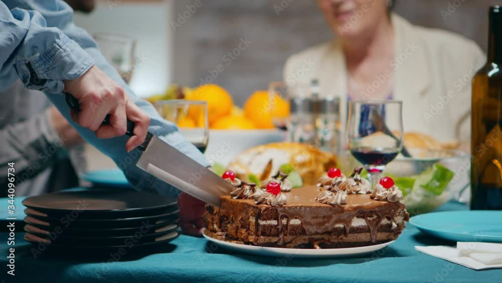 Close up of young woman slicing delicious cake at her birthday for the family. Close up of young woman slicing delicious cake at her birthday for the family.