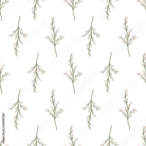 Vintage vector wedding template with branch with little pink flower. Seamless pattern on whitel background for decorative design, wrapping paper, fabric.