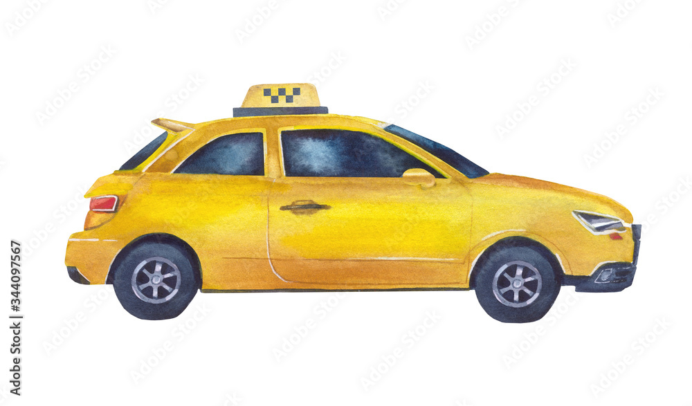 Realistic yellow taxi on a white background. Side view of a car. Taxi service. Watercolor illustration for advertising delivery service. Hand-drawn. Isolated.