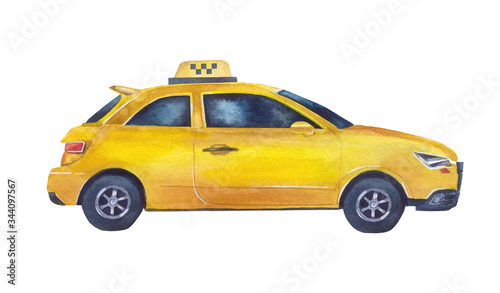 Realistic yellow taxi on a white background. Side view of a car. Taxi service. Watercolor illustration for advertising delivery service. Hand-drawn. Isolated.