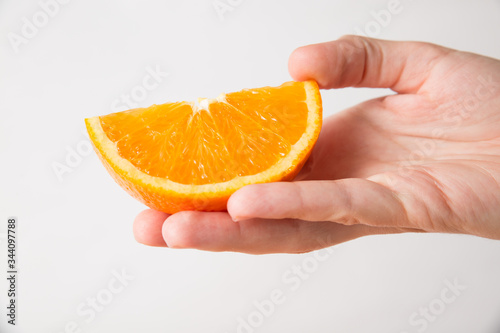Fresh juicy orange slice in human hand isolated on white background. Cropped shot, closeup, side view. Healthy nutrition or organic food concept
