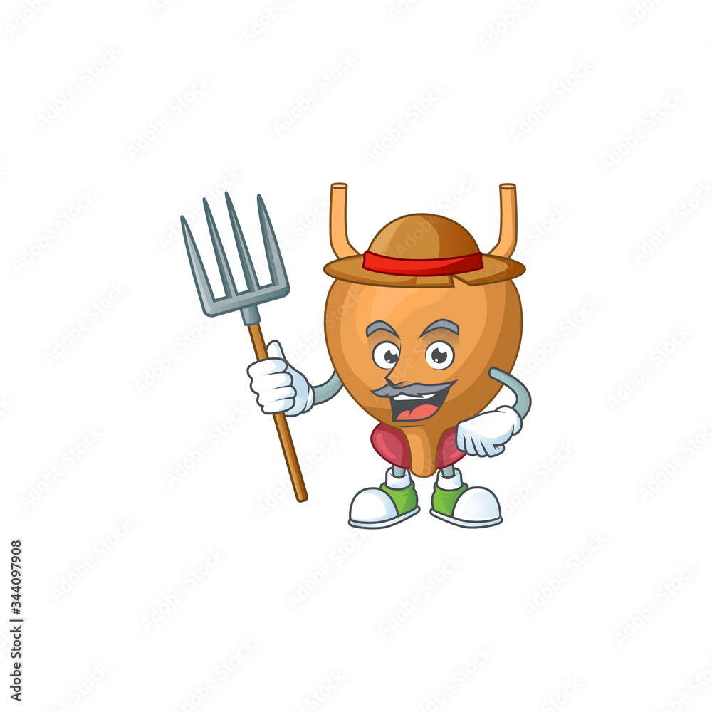 Mascot design style of Farmer bladder with hat and pitchfork Mascot design style of Farmer bladder with hat and pitchfork