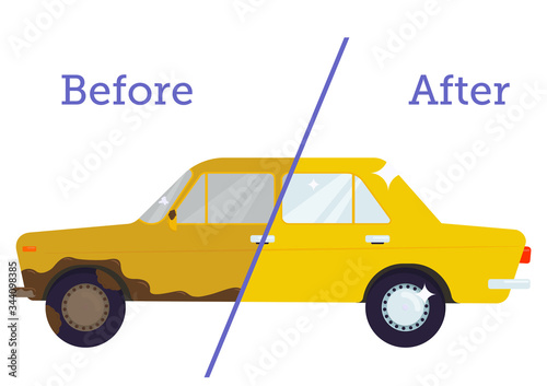 Flat vector illustration: car wash concept. Dirty car and clean car.