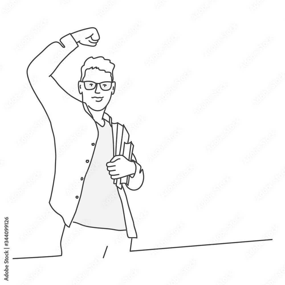 Student raised his hand up. Guy in glasses with  folders and backpack. Contour drawing vector illustration.