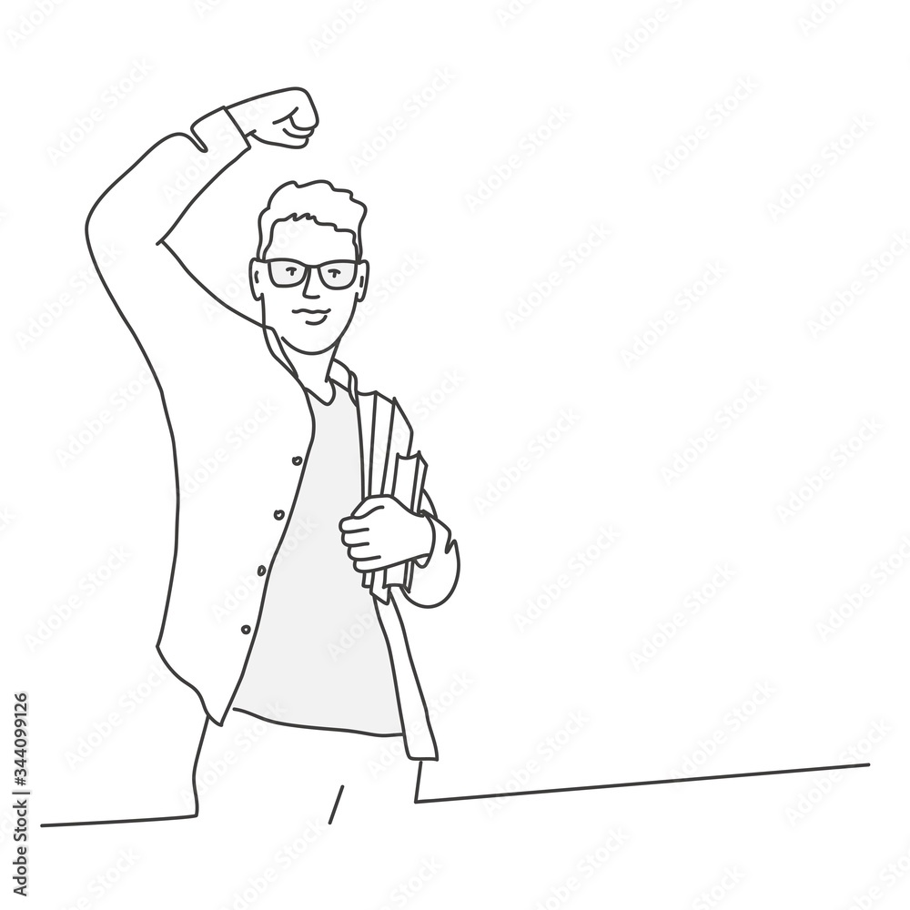 Student raised his hand up. Guy in glasses with folders and backpack. Contour drawing vector illustration. Student raised his hand up. Guy in glasses with folders and backpack. Contour drawing vector illustration.