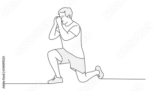 Man stretching legs outdoors doing forward lunge. Contour drawing vector illustration.