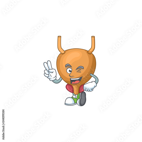 Cheerful bladder mascot design with two fingers