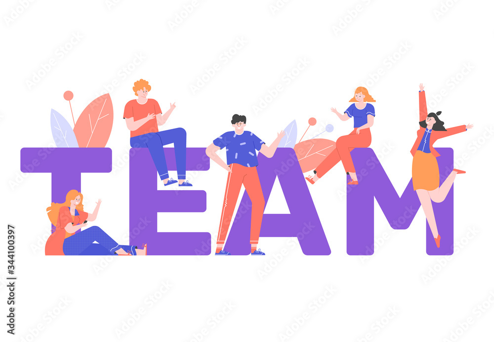 Group of people together. Colleagues and teamwork. Characters and big text Team. Work motivation, brainstorm, idea generation. Business flat vector illustration.