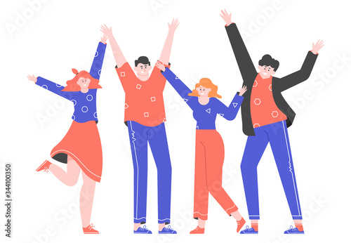 Group of happy people are standing together. Young men and women waving hands. Friendship and unity concept. Happy students isolated on white background. Flat vector illustration.