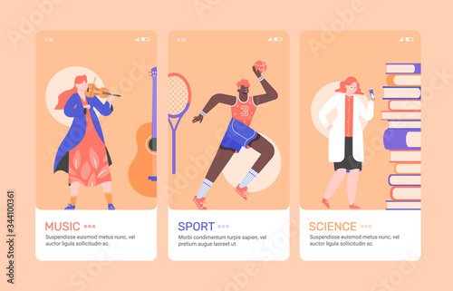 Concept design online education onboarding mobile application. Courses and trainings in the smartphone. Watch videos and learn new anywhere. Music, sports, science. Flat vector illustration.