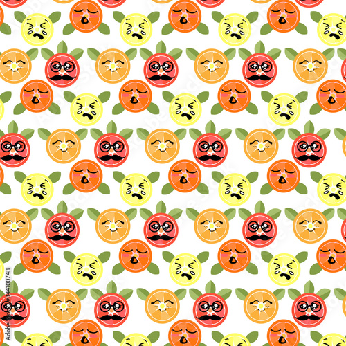 vector seamless pattern, fruit, citrus Kawai.Citrus slices in cartoon style, each with its own character, vivid colors.