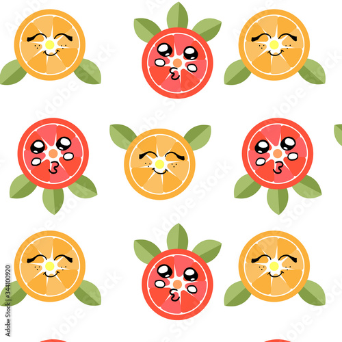 vector seamless pattern, fruit, citrus Kawai.Citrus slices in cartoon style, each with its own character, vivid colors.