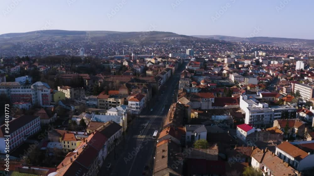 Cluj/Romania - April 2020: Aerial shot above the city. Coronavirus lockdown low traffic Cluj/Romania - April 2020: Aerial shot above the city. Coronavirus lockdown low traffic