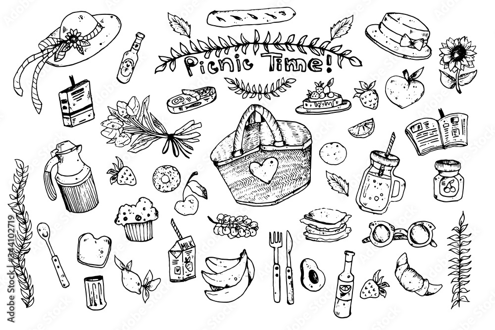 Picnic party doodle set. Various meals, drinks, ingredients and decoration elements. Vector line illustration isolated over white background.