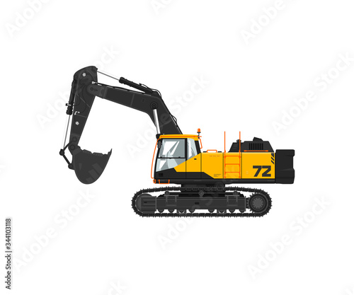Digger hydraulic excavator with dipper isolated on white background, vector illustration