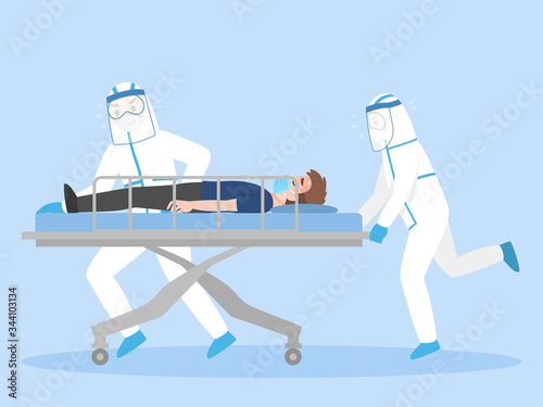 Doctors in personal protective suit Move Seriously Patient Lying on a Stretcher Through Hospital Corridors. Medical Staff in a Hurry Move Patient for help, Healthcare Concept.