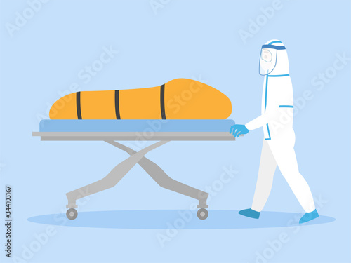 Medical Staff in personal protective suit move a dead body inside bag quarantine of infected patients coronavirus to the morgue. Healthcare Concept.