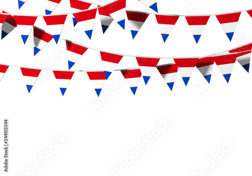 Netherlands flag festive bunting against a plain background. 3D Rendering