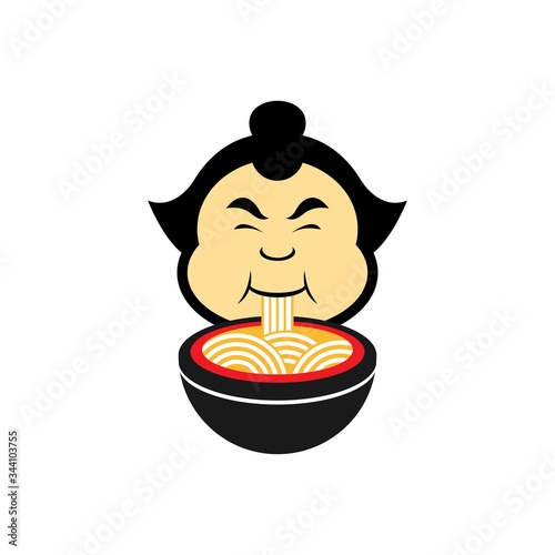 big fat funny sumo wrestler eating tasty japanese ramen noodle vector illustration design
