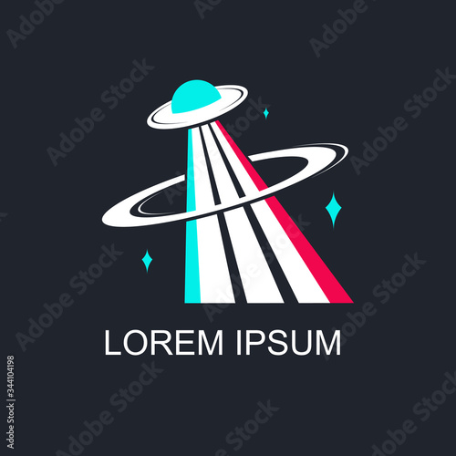 Logo with cosmic shuttle. UFO with aberration. Flat social media style with blue and red colors. Vector illustration