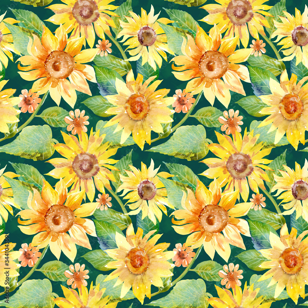 Sunflower seamless pattern. Watercolor floral background, botanical illustration
