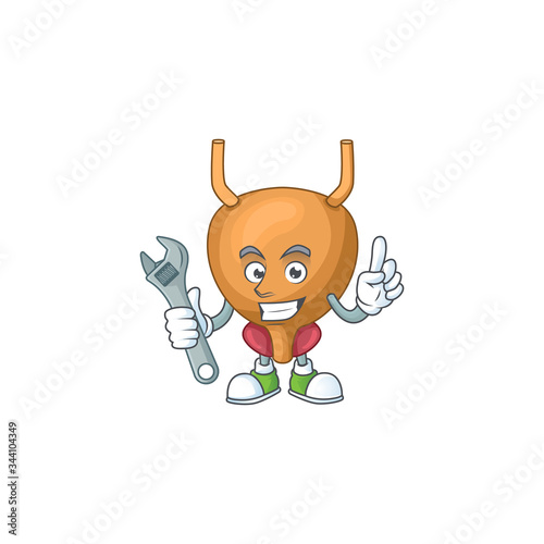A mechanic bladder mascot character fix a broken machine