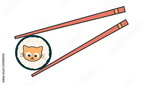 Cute cartoon japanese sushi roll with cat funny  vector illustration