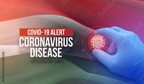 COVID-19 alert, coronavirus disease - letter typography text. Medical virus molecular concept with flag of Hungary. 3D illustration.