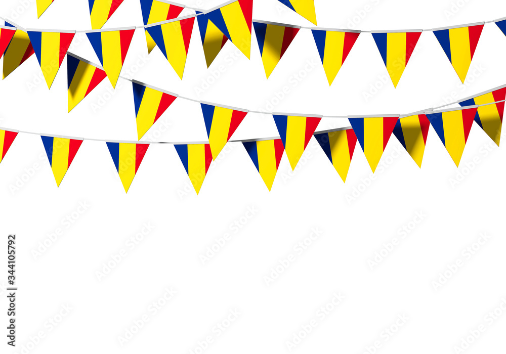 Fototapeta premium Romania flag festive bunting against a plain background. 3D Rendering