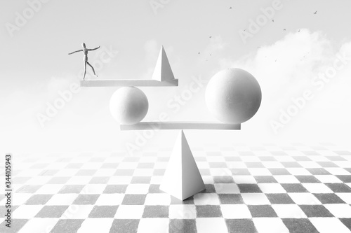Man balancing over unstable surreal metaphysics structure photo