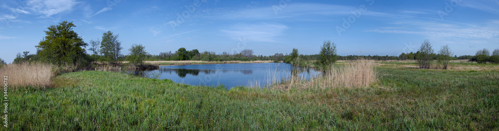 Panorama. Canals and lakes. National Park Weerribben-Wieden Netherlands  Steenwijkerland. Spring. Overijssel.