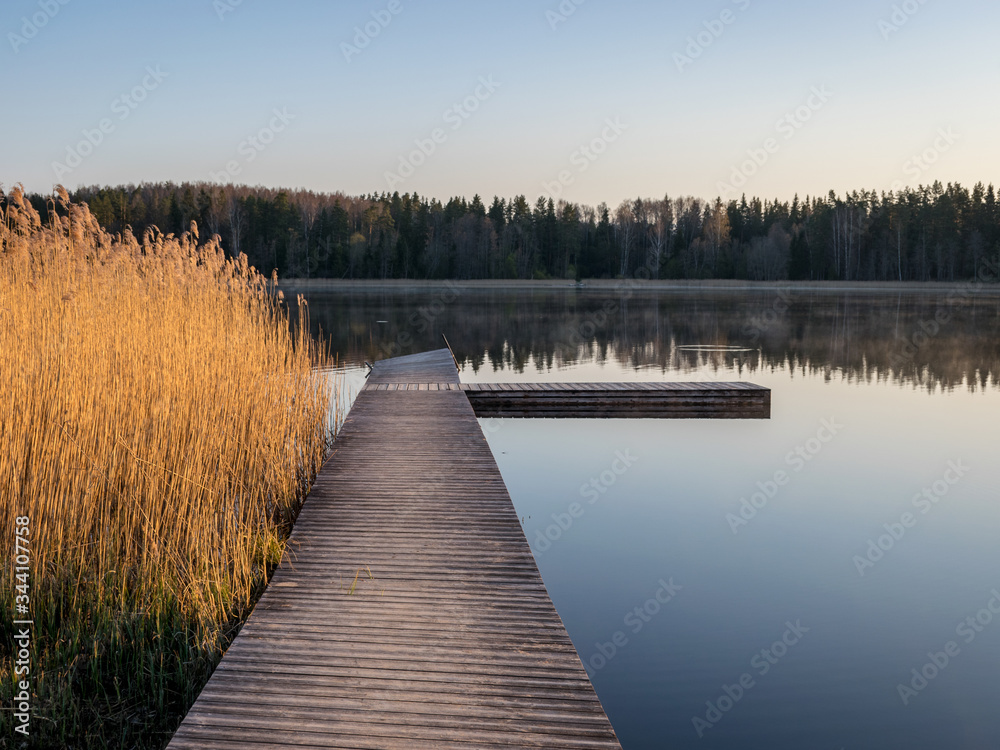 peaceful spring landscape with a wooden footbridge in the lake, empty beach in the morning