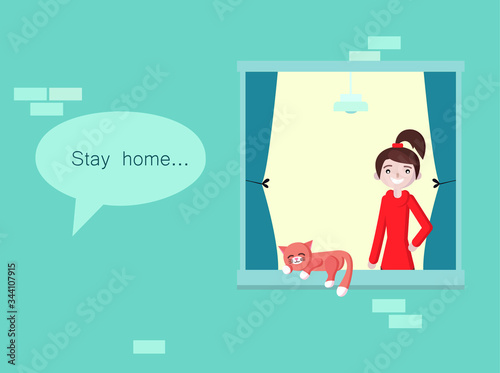 Vector illustration of young woman staying near window with her cat. Concept self-isolation