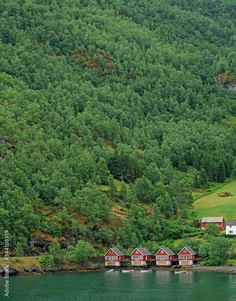 Log cabins beside  the fjord, Flam, Norway