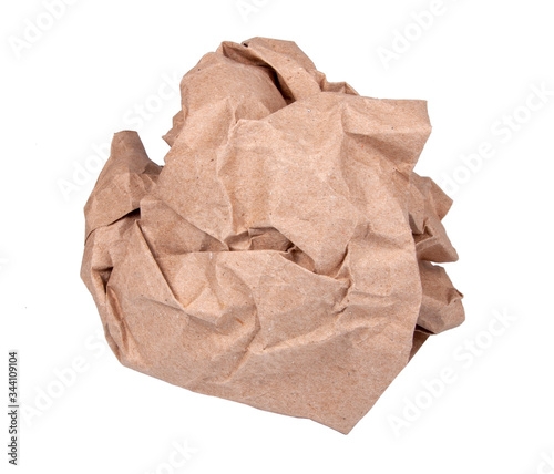 Brown craft crumpled paper isolated on the white