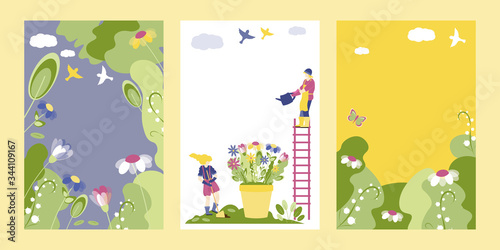 Spring Vector set backgrounds with copy space for text, social media stories wallpapers, banners, posters, templates . Bright posters on spring and planting.