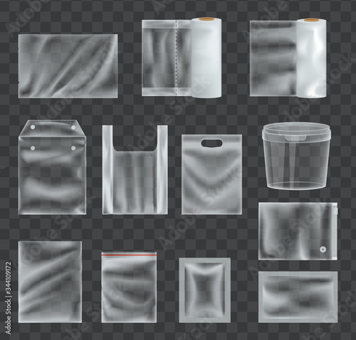 Set of realistic transparent plastic packaging film. Layouts of cling film, mockup of containers, packaging for food, gifts, bag package wrap vector illustration template