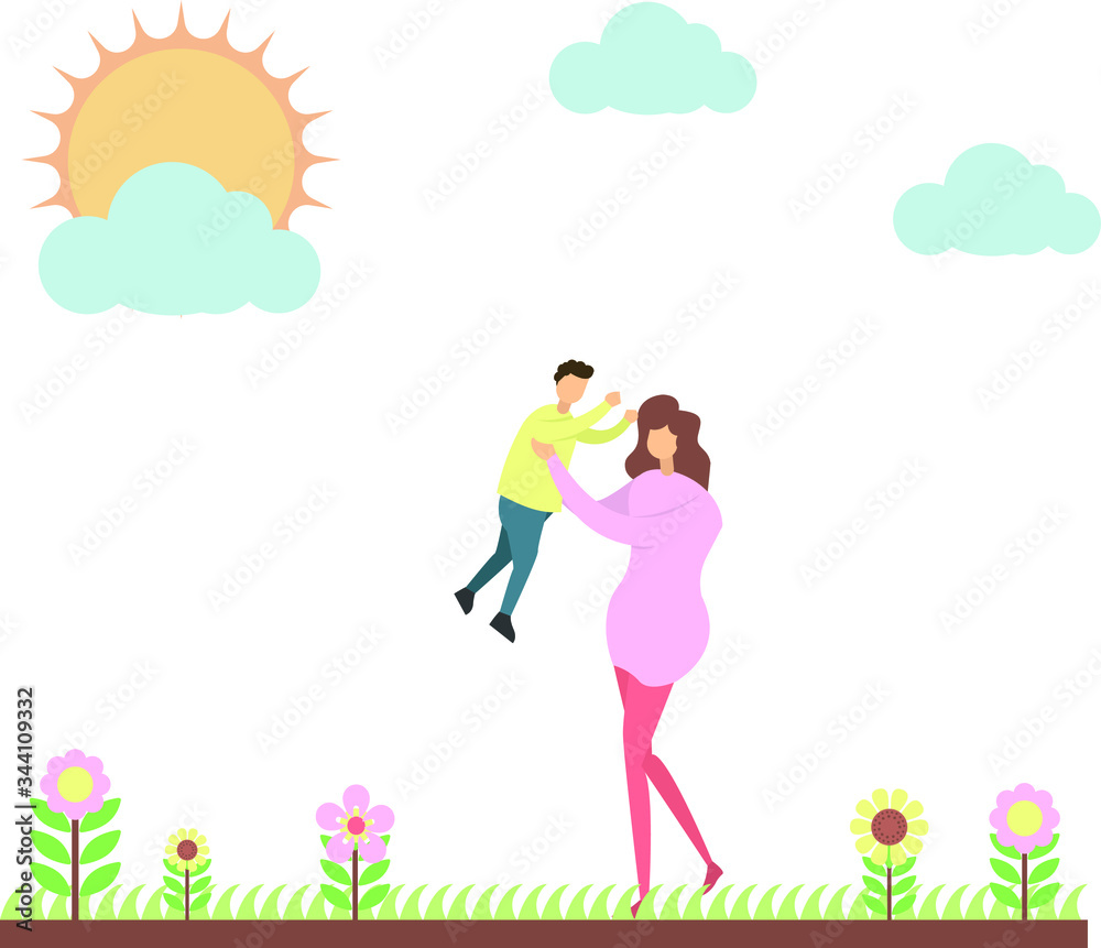 Mother & child vector concept with female figure carrying & lifting her son playfully at the park Mother & child vector concept with female figure carrying & lifting her son playfully at the park
