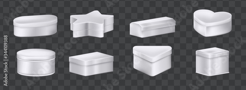 Realistic metal box mockup set. Aluminum containers boxes packaging different shapes oval, round low jar, high cylindrical can, tea square heart star metal stainless box vector