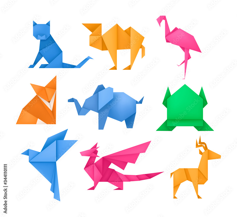 Origami animals different paper toys set frog, bird, camel, mouse, cat,  deer, fox, dragon, elephant, dinosaur, flamingo, wolf cartoon geometric  game toys japanese paper origami wildlife symbol vector Stock Vector | Adobe