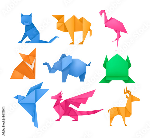 Origami animals different paper toys set frog, bird, camel, mouse, cat, deer, fox, dragon, elephant, dinosaur, flamingo, wolf cartoon geometric game toys japanese paper origami wildlife symbol vector